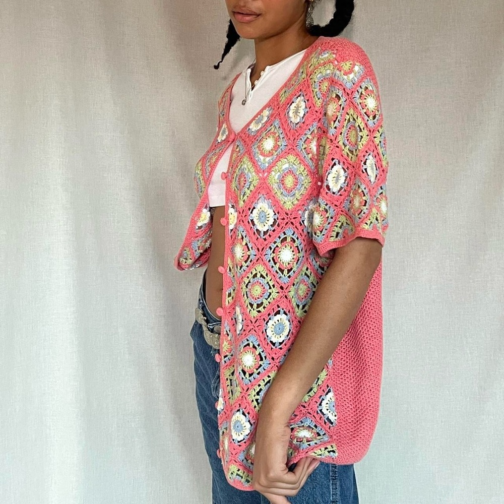 Vintage pink crochet short sleeve cardigan, BFA classics, Sz. 1X - Picture 7 of 8